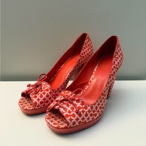 COACH Signature Monogram Corey Chunky High Heel Peep Toe Pumps in Red